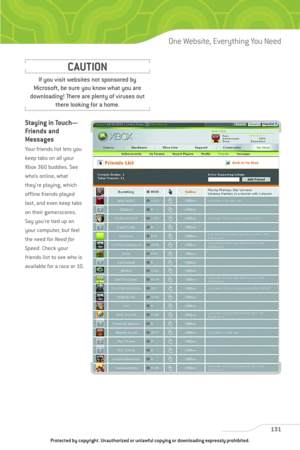 Page 136
Staying in Touch—
Friends and
Messages
Your friends list lets you
keep tabs on all your
Xbox 360 buddies. See
who’s online, what
they’re playing, which
offline friends played
last, and even keep tabs
on their gamerscores.
Say you’re tied up on
your computer, but feel
the need for Need for
Speed . Check your
friends list to see who is
available for a race or 10.
131
One Website, Everything You Need

If you visit websites not sponsored by
Microsoft, be sure you know what you are
downloading! There are...