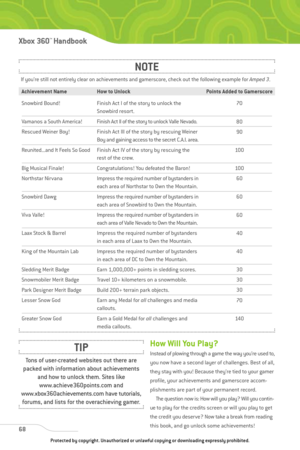Page 73
68
Xbox 360™Han dbook

How Will You Play?
Instead of plowing through a game the way you’re used to,
you now have a second layer of challenges. Best of all,
they stay with you! Because they’re tied to your gamer
profile, your achievements and gamerscore accom-
plishments are part of your permanent record. The question now is: How will you play? Will you contin-
ue to play for the credits screen or will you play to get
the credit you deserve? Now take a break from reading
this book, and go unlock some...