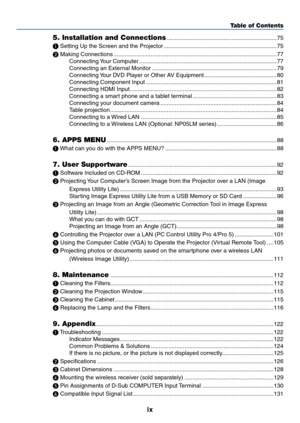 Page 11ix
5. Installation and Connections ....................................................................75
❶
	Setting	Up	the	Screen	and	the	Projector ......................................................................75
❷
	Making	Connections ........................................................................\
.............................77
Connecting	Your	Computer ........................................................................\
.............77
Connecting	an	External	Monitor...