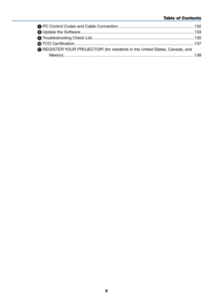 Page 12x
❼	PC	Control	Codes	and	Cable	Connection ..................................................................132
❽
	Update	the	Software ........................................................................\
...........................133
❾
	Troubleshooting	Chec k	List ........................................................................\
.................135
❿
	TCO	Certification ........................................................................\
................................137
⓫
	REGISTER...