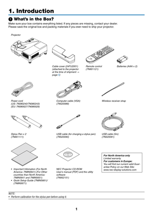 Page 131
1. Introduction
❶ What’s in the Box?
Make	sure	your	box	contains	everything	listed.	If	any	pieces	are	missing,	contact	y our	dealer .
Please	save	the	original	box	and	packing	materials	if	you	ever	need	to	ship	your	projector.
Projector
Cable cover (24FU2001) (attached to the projector 
at the time of shipment → 
page 5)Remote control
(7N901121)
Batteries (AAA × 2)
Power cord(US: 7N080240/7N080243)
(EU: 7N080027/7N080029) Computer cable (VGA)
(7N520089)
Wireless receiver strap
Stylus Pen × 2...