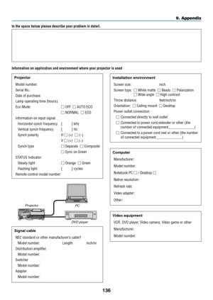 Page 148136
In the space below please describe your problem in detail.
Information on application and environment where your projector is used
Installation	environment
Screen size: inch
Screen type:   □ White matte □ Beads □ Polarization 
□
 Wide angle □ High contrast
Throw distance: feet/inch/m
Orientation: □ Ceiling mount □ Desktop
Power outlet connection: □
 Connected directly to wall outlet
□ Connected to power cord extender or other (the 
number	of	connected	equipment______________)
□ Connected to a power...