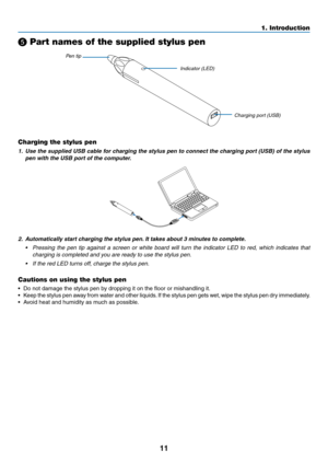 Page 2311
❺ Part names of the supplied stylus pen
Indicator	(LED)Charging port (USB)
Pen tip
Charging the stylus pen
1. Use the supplied USB cable f or charging the stylus pen to connect the charging port (USB) of the stylus 
pen with the USB port of the computer.
2. Automatically start charging the stylus pen. It takes about 3 minutes to complete.
•	 Pressing	the	pen	tip	against	a	screen	or	white	board	will	turn	the	indicator	LED	to	red,	which	indicates	that	
charging is completed and you are ready to use the...