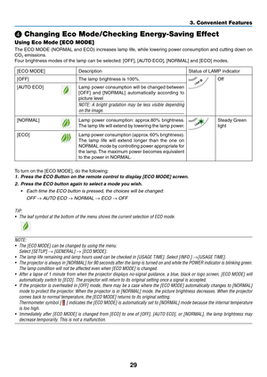 Page 4129
❹ Changing Eco Mode/Checking Energy-Saving Effect 
Using Eco Mode [ECO MODE]
The	ECO	MODE	(NORMAL	and	ECO)	increases	lamp	life,	while	low ering	pow er	consumption	and	cutting	down	on	
CO2	emissions.	
Four	brightness	modes	of	the	lamp	can	be	selected:	[OFF],	[AUTO	ECO],	[NORMAL]	and	[ECO]	modes .	
[ECO	MODE]	DescriptionStatus	of	LAMP	indicator
[OFF]The	lamp	brightness	is	100%.Off
[AUTO	ECO]Lamp	power	consumption	will	be	changed	between	
[OFF]	and	[NORMAL]	automatically	according	to	
picture	level
NOTE:...