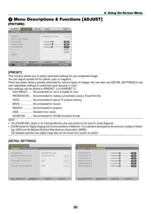 Page 6250
❹ Menu Descriptions & Functions [ADJUST]
[PICTURE]
[PRESET]
This	function	allows	you	to	select	optimized	settings	for	your	projected	image.
You	can	adjust	neutral	tint	for	yellow,	cyan	or	magenta.	
There	are	seven	factor y	presets	optimized	for	var ious	types	of	images.	You	can	also	use	[DETAIL	SETTINGS]	to	set	
user	adjustable	settings	to	customize	each	gamma	or	color.
Your	settings	can	be	stored	in	[PRESET	1]	to	[PRESET	7].
HIGH-BRIGHT ��������Recommended for use in a brightly lit room�
PRESENTATION...