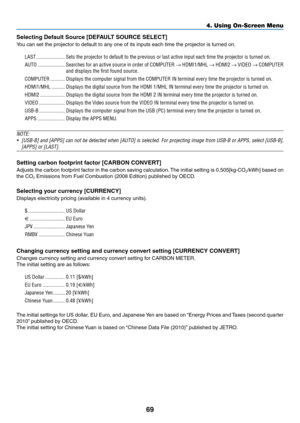 Page 8169
Selecting	Default	Source	[DEFAULT	SOURCE	SELECT]
You	can	set	the	projector	to	default	to	any	one	of	its	inputs	each	time	the	projector	is	turned	on.
LAST ����������������������Sets the projector to default to the previous or last active input each \
time the projector is turned on�
AUTO ���������������������Searches for an active source in order of COMPUTER → HDMI1/MHL → HDMI2 → VIDEO → COMPUTER 
and displays the first found source�
COMPUTER �����������Displays the computer signal from the COMPUTER IN...