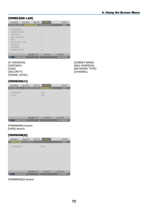 Page 8472
[WIRELESS LAN]
[IP	ADDRESS]	[SUBNET	MASK]	
[GATEWAY]	 [MAC	ADDRESS]	
[SSID]	[NETWORK	TYPE]	
[SECURITY]	[CHANNEL]	
[SIGNAL	LEVEL]
[VERSION(1)]
[FIRMWARE]	Version
[DATA]	Version
[VERSION(2)]
[FIRMWARE2]	Version
4. Using On-Screen Menu  