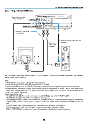 Page 9179
Connecting an External Monitor
You	can	connect	a	separate,	exter nal	monitor	to	your	projector	to	simultaneously	view	on	a	monitor	the	computer	
analog	image	you’re	projecting.
NOTE:
•	 The	AUDIO	OUT	mini	jack	does	not	support	Headphone	terminal.
•	 When	audio	equipment	is	connected,	the	projector	speaker	is	disabled.
•	 The	signal	output	from	the	MONITOR	OUT	(COMPUTER)	of	this	projector	is	for	projecting	image	on	exclusive	one	display.
•	 When	no	signal	is	applied	over	3	minutes	in	the	condition	of...