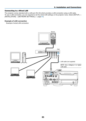 Page 9785
Connecting to a Wired LAN
The	projector	comes	standard	with	a	LAN	port	(RJ-45)	which	provides	a	LAN	connection	using	a	LAN	cable.	
To	use	a	LAN	connection,	you	are	required	to	set	the	wired	LAN	settings	on	the	projector	menu.	Select	[SETUP]	→ 
[INSTALLATION]	→	[NETWORK	SETTINGS].	(→	page	64).
Example	of	LAN	connection
Example	of	wired	LAN	connection
Server
Hub
LAN cable (not supplied)
NOTE:	Use	a	Category	5	or	higher	
LAN	cable.
5. Installation and Connections  