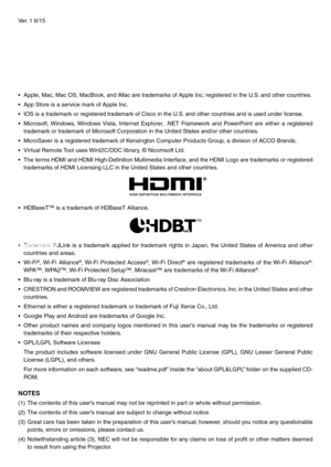 Page 2Ver. 1 6/15
•	 Apple,	Mac,	Mac	OS,	MacBook,	and	iMac	are	trademarks	of	Apple	Inc.	registered	in	the	U.S.	and	other	countr ies.
•	 App	Store	is	a	service	mark	of	Apple	Inc.
•	 IOS	is	a	trademark	or	registered	trademark	of	Cisco	in	the	U.S.	and	other	countries	and	is	used	under	license .
•	 Microsoft,	Windows,	Windows	Vista,	Internet	Explorer,	.NET	Fr amework	and	Po werPoint	are	either	a	registered	
trademark	or	trademark	of	Microsoft	Corporation	in	the	United	States	and/or	other	countries.
•	 MicroSaver...