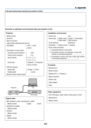 Page 144131
In the space below please describe your problem in detail.
Information on application and environment where your projector is usedInstallation environment
Screen size: inch
Screen type:   □ White matte □ Beads □ Polarization 
□
 Wide angle □ High contrast
Throw distance: feet/inch/m
Orientation: □ Ceiling mount □ Desktop
Power outlet connection: □
 Connected directly to wall outlet
□ Connected to power cord extender or other (the 
number	of	connected	equipment______________)
□ Connected to a power...
