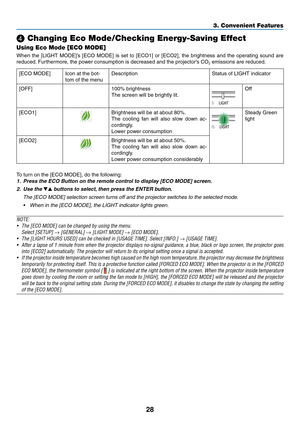 Page 4128
❹ Changing Eco Mode/Checking Energy-Saving Effect 
Using Eco Mode [ECO MODE]
When	the	[LIGHT	MODE]’s	[ECO	MODE]	is	set	to	[ECO1]	or	[ECO2],	the	brightness	and	the	operating	sound	are	
reduced.	Furthermore,	the	po wer	consumption	is	decreased	and	the	projector’ s	CO2	emissions	are	reduced.
[ECO	MODE]	Icon	at	the	bot-
tom	of	the	menu
DescriptionStatus	of	LIGHT	indicator
[OFF]100%	brightness
The	screen	will	be	brightly	lit.
Off
[ECO1]Brightness	will	be	at	about	80%.
The	cooling	fan	will	also	slow	down...