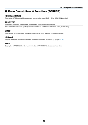 Page 5542
❸ Menu Descriptions & Functions [SOURCE]
HDMI1 and HDMI2
Selects	the	HDMI	compatible	equipment	connected	to	your	HDMI	1	IN	or	HDMI	2	IN	terminal.
COMPUTER
Selects	the	computer	connected	to	your	COMPUTER	input	terminal	signal.
NOTE:	When	the	component	input	signal	is	connected	to	the	COMPUTER	IN	terminal,	select	[COMPUTER].	
VIDEO
Selects	what	is	connected	to	your	VIDEO	input-VCR,	D
VD	pla yer	or	document	camer a.
HDBaseT
Projects	the	signal	transmitted	from	the	terminals	supported	HDBaseT.	(→	page	80,...