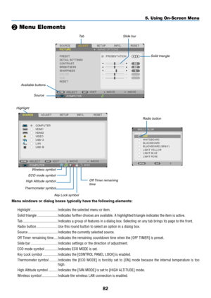 Page 9382
5. Using On-Screen Menu
❷ Menu Elements
Slide barSolid triangleTab
Radio button
High Altitude symbol ECO mode symbol Wireless symbol
Menu windows or dialog boxes typically have the following elements:
Highlight
 �����������������������������Indicates the selected menu or item� 
Solid triangle  ����������������������Indicates further choices are available� A highlighted triangle indicates the item is active� 
Tab ��������������������������������������Indicates a group of features in a dialog box�...