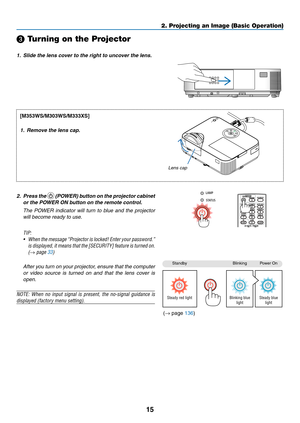 Page 2615
2. Projecting an Image (Basic Operation)
StandbyBlinkingPower	On
Steady red lightBlinking blue 
light Steady blue 
light
❸ Turning on the Projector
1.	 Slide	the	lens	cover	to	the	right	to	uncover	the	lens.
[M353WS/M303WS/M333XS]
1.	 Remove	the	lens	cap.
2. Press the 	(POWER) button on the projector cabinet 
or the POWER ON button on the remote control. 
  The  POWER  indicator  will  turn  to  blue  and  the  projector 
will become ready to use.
TIP:	
•	 When 	the 	message	 “Projector 	is 	locked!...