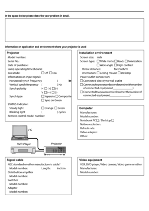 Page 93In the space below please describe your problem in detail.
Information on application and environment where your projector is used
Projector
Model number:
Serial No.:
Date of purchase:
Lamp operating time (hours):
Eco Mode:  Off   Eco
Information on input signal:
Horizontal synch frequency [ ] kHz
Vertical synch frequency  [ ] Hz
Synch polarity  H   (+)   (-)
 V   (+)   (-)
Synch type  Separate   Composite
  Sync on Green
STATUS Indicator:
Steady light  Orange   Green
Blinking light [ ] cycles
Remote...