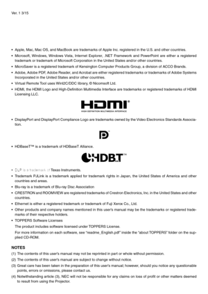 Page 2Ver. 1 3/15
•	 Apple,	Mac,	Mac	OS,	and	MacBook	are	trademarks	of	Apple	Inc.	registered	in	the	U.S.	and	other	countr ies.
•	 Microsoft,	Windows,	Windows	Vista,	Internet	Explorer,	.NET	Fr amework	and	Po werPoint	are	either	a	registered	
trademark	or	trademark	of	Microsoft	Corporation	in	the	United	States	and/or	other	countries.
•	 MicroSaver	is	a	registered	trademark	of	Kensington	Computer	Products	Group,	a	division	of	ACCO	Brands.
•	 Adobe,	Adobe	PDF,	Adobe	Reader,	and	Acrobat	are	either	registered...