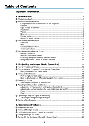 Page 12x
Table of Contents
Important Information ........................................................................\
....................i
1. Introduction ........................................................................\
...................................1
❶
	What’s	in	the	Bo x? ........................................................................\
..................................1
❷
	Introduction	to	the	Projector ........................................................................\...