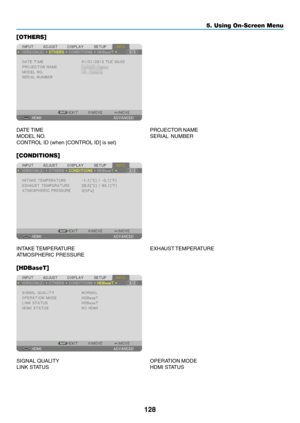 Page 143128
[OTHERS]
DATE	TIME	PROJECT OR	NAME	
MODEL	NO.	SERIAL	NUMBER	
CONTROL	ID	(when	[CONTROL	ID]	is	set)
[CONDITIONS]
INTAKE	TEMPERATURE	 EXHA UST	TEMPERATURE	
ATMOSPHERIC	PRESSURE
[HDBaseT]
SIGNAL	QUALITY	OPERATION	MODE	
LINK	STATUS	 HDMI	ST ATUS
5. Using On-Screen Menu  