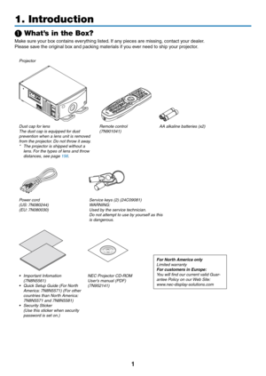 Page 161
1. Introduction
❶ What’s in the Box?
Make	sure	your	box	contains	everything	listed.	If	any	pieces	are	missing,	contact	y our	dealer .
Please	save	the	original	box	and	packing	materials	if	you	ever	need	to	ship	your	projector.
Projector
Dust	cap	for	lensThe	dust	cap	is	equipped	for	dust	prevention	when	a	lens	unit	is	removed	from	the	projector.	Do	not	throw	it	away.*	 The	projector	is	shipped	without	a	lens.	For	the	types	of	lens	and	throw	distances,	see	page	156.
Remote	control(7N901041)AA	alkaline...