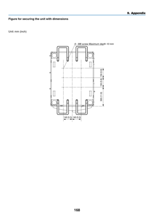 Page 183168
Unit:	mm	(inch)
150 (5.9) 150 (5.9)
300 (11.8)
140 (5.5)
140 (5.5)
Figure for securing the unit with dimensions
6	-	M6	screw	Maximum	depth	10	mm
9. Appendix  