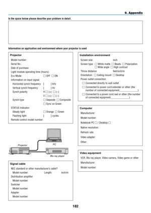 Page 197182
In the space below please describe your problem in detail.
Information on application and environment where your projector is used
ProjectorPC
Blu-ray	player
ProjectorModel number:
Serial No.:
Date of purchase:
Light module operating time (hours):
Eco Mode: □ OFF □ ON
Information on input signal:
Horizontal synch frequency [     ] kHz
Vertical synch frequency [    ] Hz
Synch polarity H □ (+) □ (−)
 V □ (+) □ (−)
Synch type □ Separate □ Composite
 □ Sync on Green
STATUS Indicator:
Steady light □...