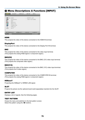 Page 9176
❸ Menu Descriptions & Functions [INPUT]
HDMI
This	projects	the	video	of	the	device	connected	to	the	HDMI	IN	terminal.
DisplayPort
This	projects	the	video	of	the	device	connected	to	the	Display	Port	IN	terminal.
BNC
This	projects	the	video	of	the	device	connected	to	the	video	input	terminal.
(This	projects	the	analog	RGB	signal	or	component	signal.)
BNC(CV)
This	projects	the	video	of	the	device	connected	to	the	BNC	(CV)	video	input	terminal.
(This	projects	the	composite	video	signal.)
BNC(Y/C)
This...