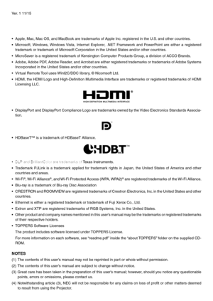 Page 2Ver. 1 11/15
•	 Apple,	Mac,	Mac	OS,	and	MacBook	are	trademarks	of	Apple	Inc.	registered	in	the	U.S.	and	other	countr ies.
•	 Microsoft,	Windows,	Windows	Vista,	Internet	Explorer,	.NET	Fr amework	and	Po werPoint	are	either	a	registered	
trademark	or	trademark	of	Microsoft	Corporation	in	the	United	States	and/or	other	countries.
•	 MicroSaver	is	a	registered	trademark	of	Kensington	Computer	Products	Group,	a	division	of	ACCO	Brands.
•	 Adobe,	Adobe	PDF,	Adobe	Reader,	and	Acrobat	are	either	registered...