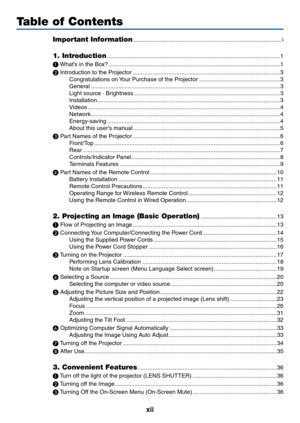 Page 14xii
Table of Contents
Important Information ........................................................................\
....................i
1. Introduction ........................................................................\
...................................1
❶
	What’s	in	the	Bo x? ........................................................................\
..................................1
❷
	Introduction	to	the	Projector ........................................................................\...