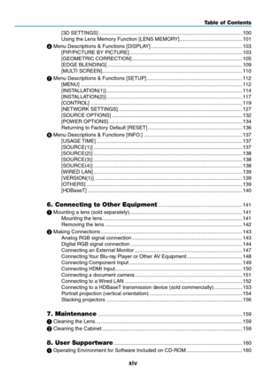 Page 16xiv
[3D	SETTINGS] ........................................................................\
............................100
Using	the	Lens	Memory	Function	[LENS	MEMORY] ............................................101
❻
	Menu	Descriptions	&	Functions	[DISPLAY] ................................................................103
[PIP/PICTURE	BY	PICTURE] ........................................................................\
.......103
[GEOMETRIC	CORRECTION]...