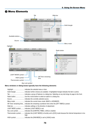 Page 9679
❷ Menu Elements
Slide	bar
Solid	triangle
Menu	mode
Ta b
Radio	button
HIGH	symbol
LIGHT	MODE	symbol
Menu	windows	or	dialog	boxes	typically	have	the	following	elements:
Highlight �����������������������������Indicates the selected menu or item� 
Solid triangle ����������������������Indicates further choices are available� A highlighted triangle indicates the item is active� 
Ta b ��������������������������������������Indicates a group of features in a dialog box� Selecting on any tab brings its page to...