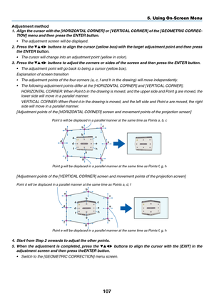 Page 124107
Adjustment method
1.	 Align	the	cursor	with	the	[HORIZONTAL	CORNER]	or	[VERTICAL	CORNER]	of	the	[GEOMETRIC	CORREC-
TION]	menu	and	then	press	the	ENTER	button.
•	 The	adjustment	screen	will	be	displayed.
2. Press the ▼▲◀▶ buttons to align the cursor (yellow box) with the target adjustment point and then press 
the ENTER button.
•	 The	cursor	will	change	into	an	adjustment	point	(yellow	in	color).
3. Press the ▼▲◀▶	buttons	to	adjust	the	corners	or	sides	of	the	screen	and	then	press	the	ENTER	button.
•...