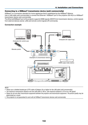 Page 170153
Connecting to a HDBaseT transmission device (sold commercially)
HDBaseT	is	a	connection	standard	for	home	appliances	that	is	established	by	the	HDBaseT	Alliance.
Use	a	LAN	cable	sold	commercially	to	connect	the	Ethernet	/	HDBaseT	port	of	the	projector	(RJ-45)	to	a	HDBaseT	
transmission	device	sold	commercially.
The	Ethernet/HDBaseT	port	of	the	projector	supports	HDMI	signals	(HDCP)	from	transmission	devices,	control	signals	
from	external	devices	(serial,	LAN)	and	remote	control	signals	(IR...