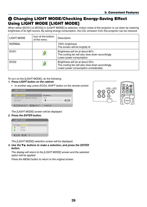 Page 5639
❻ Changing LIGHT MODE/Checking Energy-Saving Effect 
Using LIGHT MODE [LIGHT MODE]
When	either	[ECO1]	or	[ECO2]	in	[LIGHT	MODE]	is	selected,	motion	noise	of	the	projector	is	cut	down	by	lowering	
brightness	of	its	light	source.	By	saving	energy	consumption,	the	CO2	emission	from	this	projector	can	be	reduced.
LIGHT	MODEIcon	at	the	bottom	
of	the	menuDescription
NORMAL
100%	brightness
The	screen	will	be	brightly	lit.
ECO1Brightness	will	be	at	about	80%.
The	cooling	fan	will	also	slow	down	accordingly....