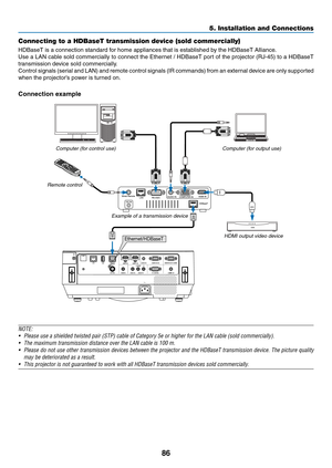 Page 9786
Connecting to a HDBaseT transmission device (sold commercially)
HDBaseT	is	a	connection	standard	for	home	appliances	that	is	established	by	the	HDBaseT	Alliance.
Use	a	LAN	cable	sold	commercially	to	connect	the	Ethernet	/	HDBaseT	port	of	the	projector	(RJ-45)	to	a	HDBaseT	
transmission	device	sold	commercially.
Control	signals	(serial	and	LAN)	and	remote	control	signals	(IR	commands)	from	an	exter nal	devic e	are	only	suppor ted	
when	the	projector’s	power	is	turned	on.
Connection example...