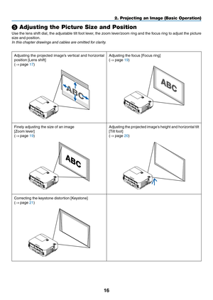 Page 2716
❺ Adjusting the Picture Size and Position
Use	the	lens	shift	dial,	the	adjustable	tilt	foot	lever,	the	zoom	lev er/zoom	ring	and	the	focus	ring	to	adjust	the	picture	
size	and	position.
In	this	chapter	drawings	and	cables	are	omitted	for	clarity.
Adjusting	the	projected	image’s	vertical	and	horiz ontal	
position	[Lens	shift]
(→	page	17)
Adjusting	the	focus	[Focus	ring]
(→	page	19)
Finely	adjusting	the	size	of	an	image
[Zoom	lever]
(→	page	19)
Adjusting	the	projected	image’s	height	and	horizontal	tilt...