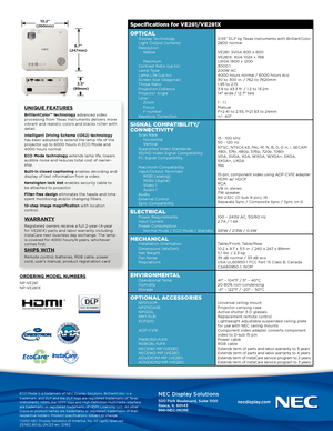 Page 2NEC Display Solutions
500 Park Boulevard, Suite 1100
Itasca, IL 60143
866-NEC-MORE
ECO Mode is a trademark of NEC Display Solutions. BrilliantColor is a 
trademark, and DLP and the DLP logo are registered trademarks of Texas 
Instruments. HDMI, the HDMI logo and High-Definition Multimedia Interface 
are trademarks or registered trademarks of HDMI Licensing LLC. All other 
brand or product names are trademarks or registered trademarks of their 
respective holders. Product specifications subject to...