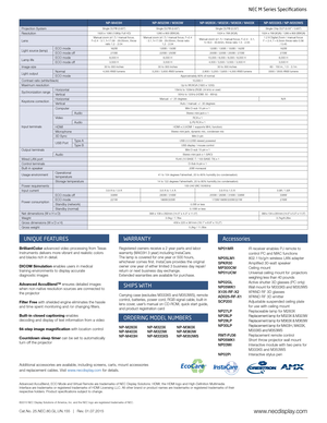 Page 4Additional accessories are available, including screens, carts, mount accessories 
and replacement cables. Visit www.necdisplay.com for details.
UNIQUE FEATURES
BrilliantColor advanced video processing from Texas 
Instruments delivers more vibrant and realistic colors 
and blacks rich in detail.
DICOM Simulation enables users in medical  
training environments to display accurate  
diagnostic images
Advanced AccuBlend™ ensures detailed images 
when non-native resolution sources are connected to 
the...