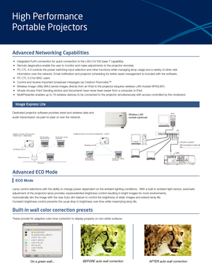 Page 2Advanced ECO Mode
ECO Mode 
Lamp control selections with the ability to change power dependent on the ambient \
lighting conditions.  With a built-in ambient light sensor, automatic 
adjustment of the projectors lamp provides unprecedented brightness control resulting in bright images for most environments.
Automatically dim the image with the new Auto-dim feature to control the brightness of static images and extend lamp life. 
Constant brightness control prevents the usual drop in brightness over time...