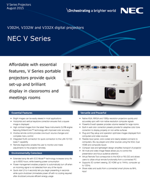 Page 1    Essential Features
• Bright images can be easily viewed in most applications
•  Horizontal and vertical keystone correction ensures that a square 
image is displayed
•  High contrast images from the latest Texas Instruments DLP® engine 
featuring BrilliantColor™ technology with improved color accuracy
•  Intuitive remote control provides one-touch source changes and 
complete menu control
•  Integrated RJ45 connection for quick connection to the LAN 10/100 
base-T capability
•  Remote diagnostics...