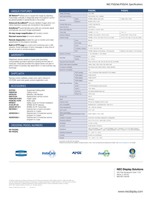 Page 4* Lens does not ship with the projector.
  Additional accessories are available, including screens, carts, mount accessories and replacement cables. Visit www.necdisplay.com for details.
3D Reform, Advanced AccuBlend, AutoSense and ECO Mode are trademarks of NEC Display Solutions. HDMI, the HDMI Logo 
and High-Definition Multimedia Interface are trademarks or registered trademarks of HDMI Licensing LLC. All other brand or product 
names are trademarks or registered trademarks of their respective holders....