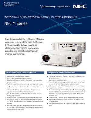 Page 1Easy to use and at the right price, M Series 
projectors provide all the essential features 
that you need for brilliant display  in 
classrooms and meeting rooms while 
providing low cost of ownership with 
minimal maintenance.
Essential Features for Educational Facilities
• Plug and Play intuitive setup and operation
•  Bright images easily viewed in any application
•  Versatile, color-coded connections to computer, video sources and 
external monitor
•  Automatic keystone correction technology...