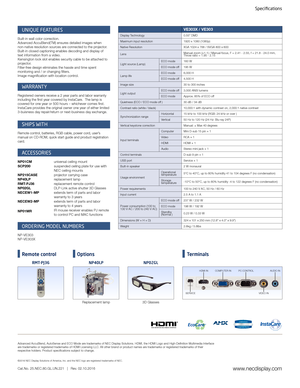 Page 2UNIQUE FEATURES 
Built-in wall color correction. 
Advanced AccuBlend(TM) ensures detailed images when 
non-native resolution sources are connected to the projector.
Built-in closed captioning enables decoding and display of 
text information from a video.
Kensington lock slot enables security cable to be attached to 
projector.
Filter-free design eliminates the hassle and time spent 
monitoring and / or changing filters.
Image magnification with location control.
WARRANTY
Registered owners receive a 2...