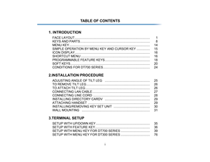 Page 3
i
TABLE OF CONTENTS
1. INTRODUCTION
FACE LAYOUT ........... .......................................................................... 1
KEYS AND PARTS............... ................................................. ............... 8
MENU KEY .......... ....................................................................... .......... 14
SIMPLE OPERATION BY MENU KEY  AND CURSOR KEY ............... 15
ICON DISPLAY........... .......................................................................... 16...