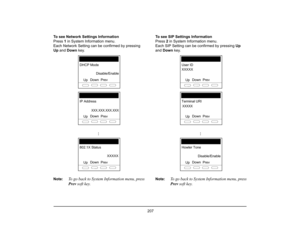Page 215
 207 
To see Network Settings Information
Press 1 in System Information menu.
Each Network Setting can be confirmed by pressing 
Up  and  Down  key.
Note:
To go back to System Information menu, press
Prev  soft key.
To see SIP Settings Information
Press  2 in System Information menu.
Each SIP Setting can be confirmed by pressing  Up 
and  Down  key.
Note:
To go back to System Information menu, press
Prev  soft key.
Prev
DHCP Mode
Disable/Enable
Up
Down
Prev
IP Address
XXX.XXX.XXX.XXX
Up
Down
...Prev...