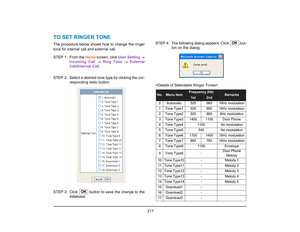 Page 225
 217 
TO SET RINGER TONEThe procedure below shows how to change the ringer
tone for internal call and external call.
STEP 1: From the Home screen, click  User Setting →
Incoming Call  →  Ring Tone  →  External
Call /Internal Call . 
STEP 2: Select a desired tone type by clicking the cor- responding radio button. 
STEP 3: Click   button to  save the change to the
database.  STEP  4: The following dialog appears. Click   but-
ton on the dialog.

OK
No.
Menu Item
Frequency (Hz)
Remarks
1st
2nd
0 Automatic...