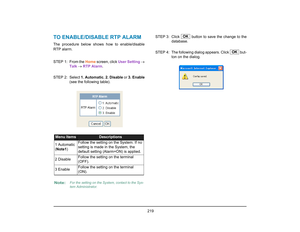 Page 227
 219 
TO ENABLE/DISABLE RTP ALARMThe procedure below shows how to enable/disable
RTP alarm.
STEP 1: From the Home screen, click  User Setting →
Talk  →  RTP Alarm . 
STEP 2: Select  1. Automatic, 2. Disable  or 3. Enable
(see the following table).  STEP 3: Click   button to save the change to the
database. 
STEP  4: The following dialog appears. Click   but- ton on the dialog.Menu Items
Descriptions
1 Automatic
( Note1 ) Follow the setting on the System. If no 
setting is made in the System, the...