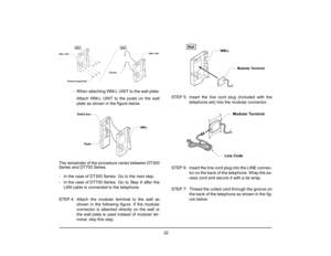 Page 39
 32 
- When attaching WM-L UNIT to the wall plate:
  Attach WM-L UNIT to the posts on the wall plate as shown in the figure below.
The remainder of the procedure varies between DT300
Series and DT700 Series.
- In the case of DT300 Series:  Go to the next step.
- In the case of DT700 Series:  Go  to  Step  8  after  the LAN cable is connected to the telephone.
STEP 4: Attach the modular terminal to the wall as shown in the following figure. If the modular
connector is attached directly on the wall or
the...