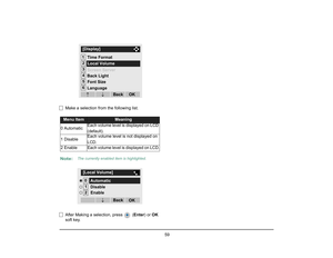 Page 66
 59 
Make a selection from the following list.
After Making a selection, press   ( Enter) or OK 
soft key.Menu Item
Meaning
0 Automatic Each volume level is displayed on LCD 
(default).
1 Disable Each volume level is not displayed on 
LCD.
2 Enable
Each volume level is displayed on LCD.
Note:
The currently enabled item is highlighted.
12[Display]3456
Back Light
Language
OK
Back
↓
Font Size
Screen Server Time Format
Local Volume↓
01[Local Volume]2
OK
Back
Disable
↓
EnableAutomatic  