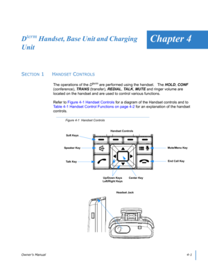 Page 39Owner’s Manual4-1 
Chapter 4Dterm Handset, Base Unit and Charging 
Unit
SECTION 1  HANDSET CONTROLS
The operations of the Dterm are performed using the handset.   The HOLD, CONF 
(conference), TRANS (transfer), REDIAL, TA L K, MUTE and ringer volume are 
located on the handset and are used to control various functions. 
Refer to Figure 4-1 Handset Controls for a diagram of the Handset controls and to 
Table 4-1 Handset Control Functions on page 4-2 for an explanation of the handset 
controls.  
Figure...